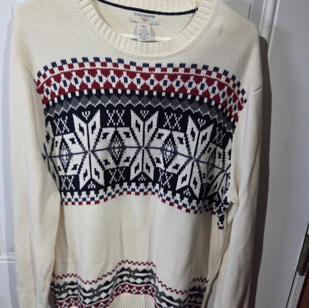 Dockers Cream Fair Isle Crewneck Sweater with Black and Red Pattern